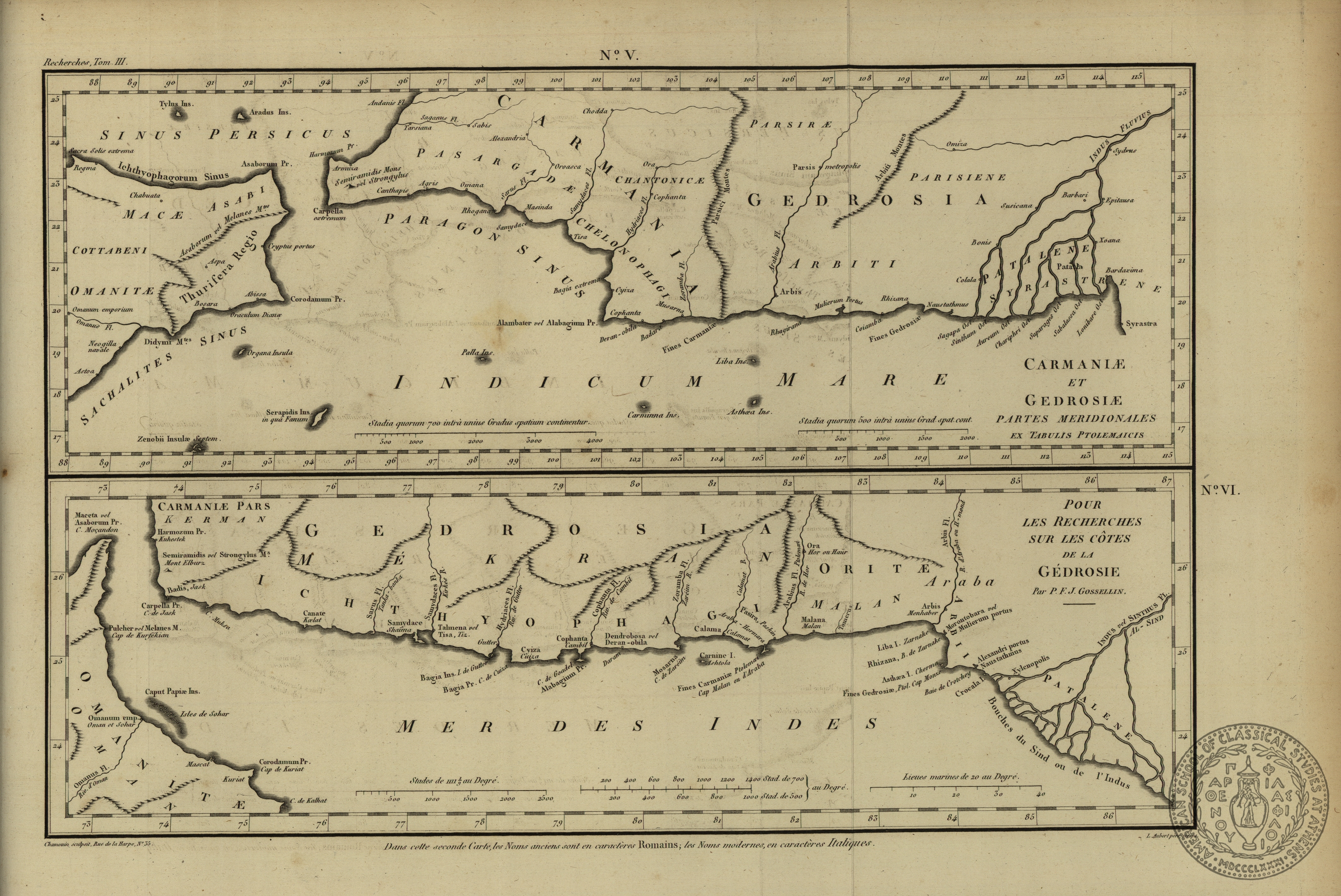 Carmaniae et Gedrosiae partes meridionales ex tabulis ptolemaicis.
Pour les recherches sur les cotes de la Gedrosie.